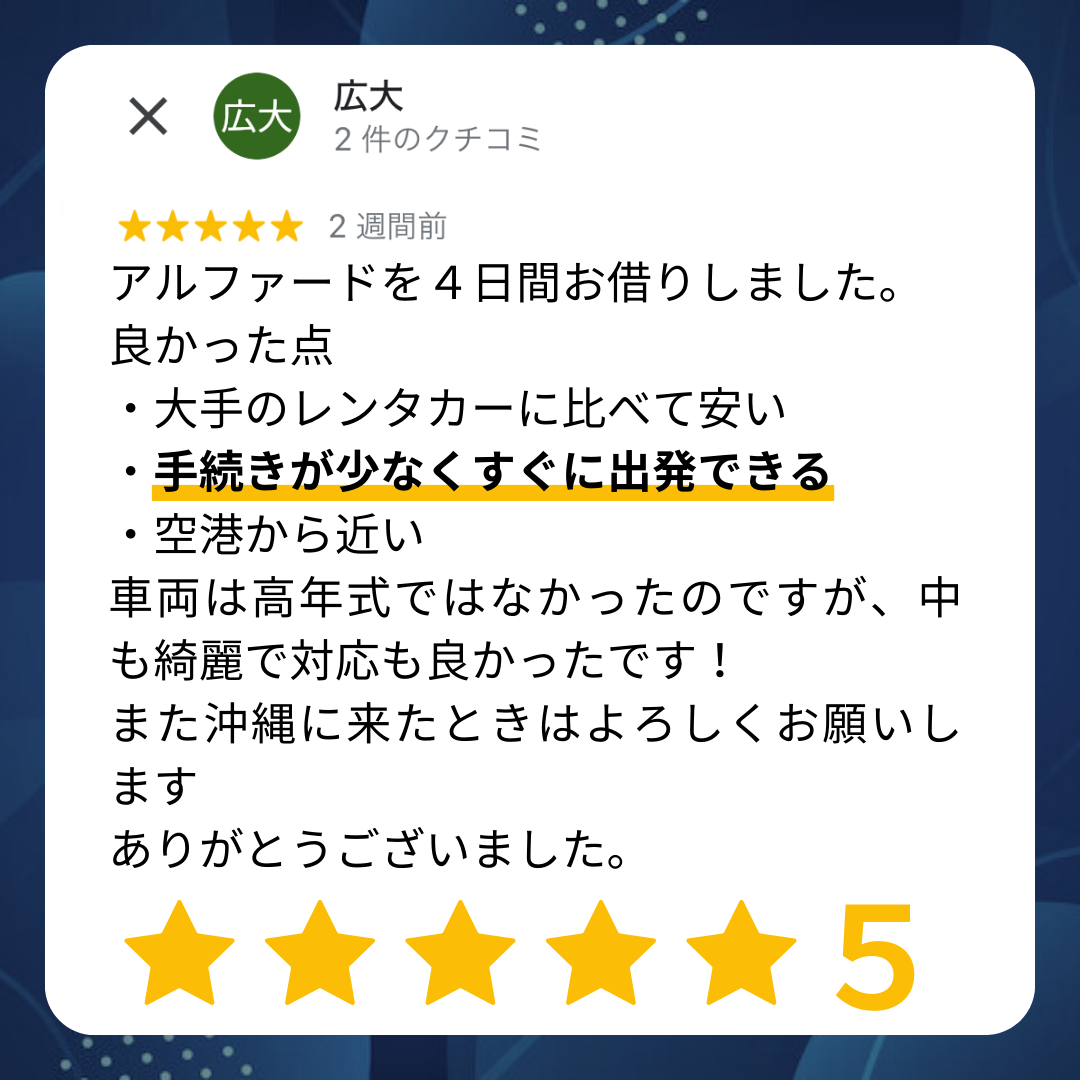 アルファードを4日間お借りしました。よかった点・大手のレンタカーに比べて安い・手続きが少なくすぐに出発できる・空港から近い 車両は高年式ではなかったのですが、中も綺麗で対応も良かったです!また沖縄に来たときはよろしくお願いします。ありがとうございました。